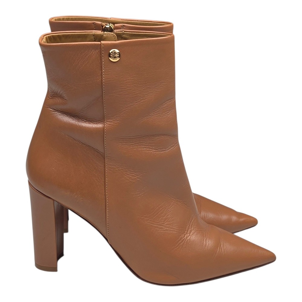 Tory Burch Ankle Boots 7.5 Booties Tan Leather Pointed Toe Block Heel Italy